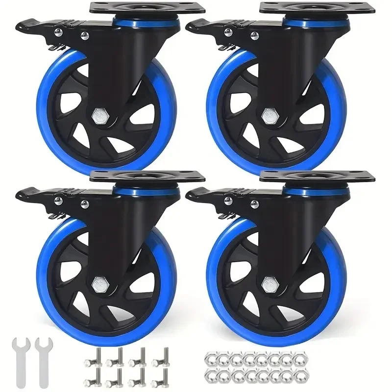 4 Pcs 4 Inch Medium Blue PVC Swivel Casters With Brake | Dual Ball Bearings & Universal Mounting Plate For Industrial Equipment