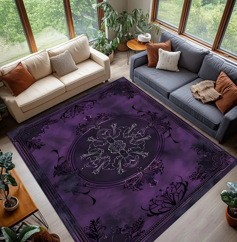 Purple Gothic Rug, Dark Elegant Baroque Carpet, Ornate Medieval Mandala Pattern, Vintage Inspired Living Room Decor