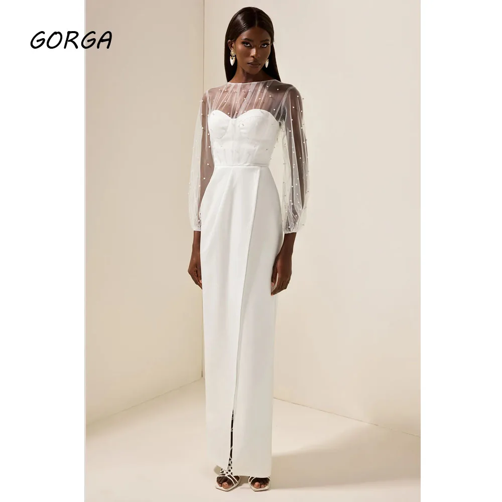 

GORGA Customized Ivory Tulle Long Sleeves Crepe Mermaid Evening Dress Beading O-Neck Prom Dress 2025 Long Lace Up Party Dress