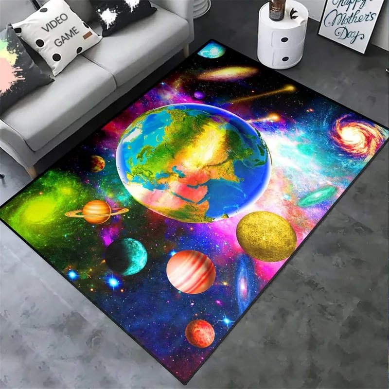 Galactic Adventure Carpet Kids' Bedroom Space Rugs Vibrant Planets and Stars Style Floor Mat for Playrooms and Living Spaces