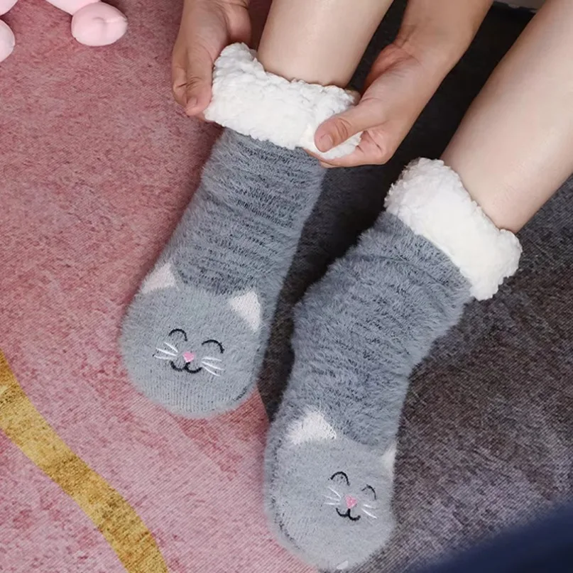 Womens Winter Sock Thermal Cat Soft Female Warm Plush Non Slip Grip Fluffy Fuzzy Slipper Socks sleeping Thick slouch Cute Kawai