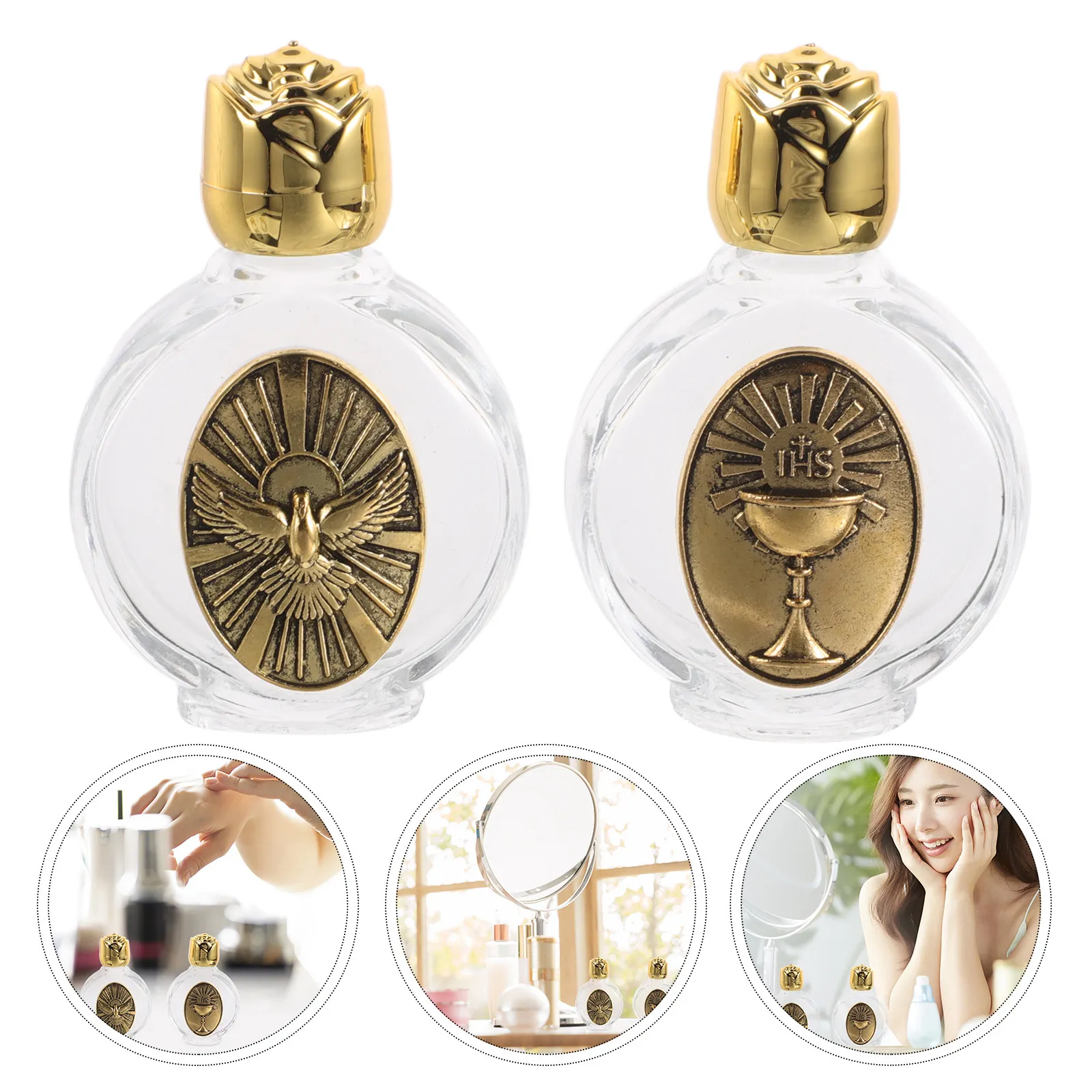 4Pcs Holy Water Bottle Elegant Rose Embossed Glass Container with Alloy Lid Portable Religious Travel Bottle for Baptism