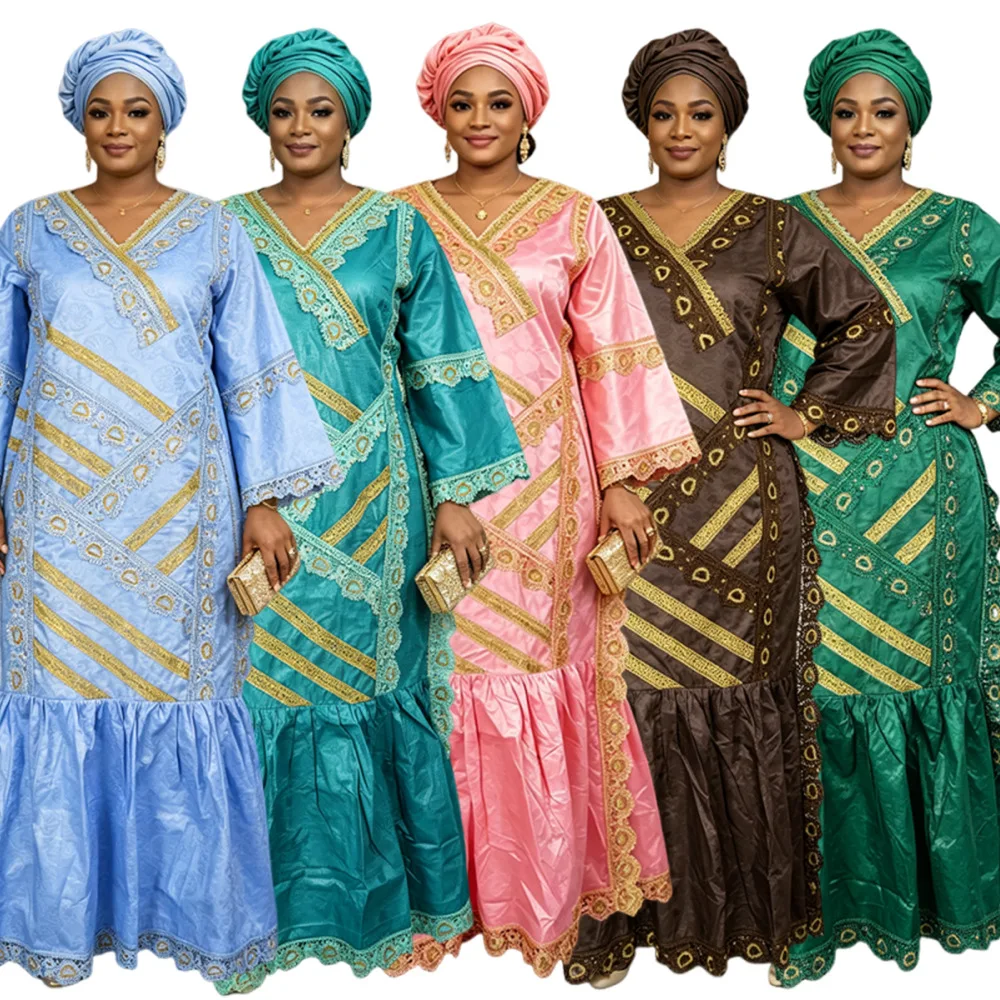 New Dubai Women Plus Size African Maxi Dress With Matching Headwrap Jacquard Embroidery Long Robe V Neck Flare Sleeve Party Gown
