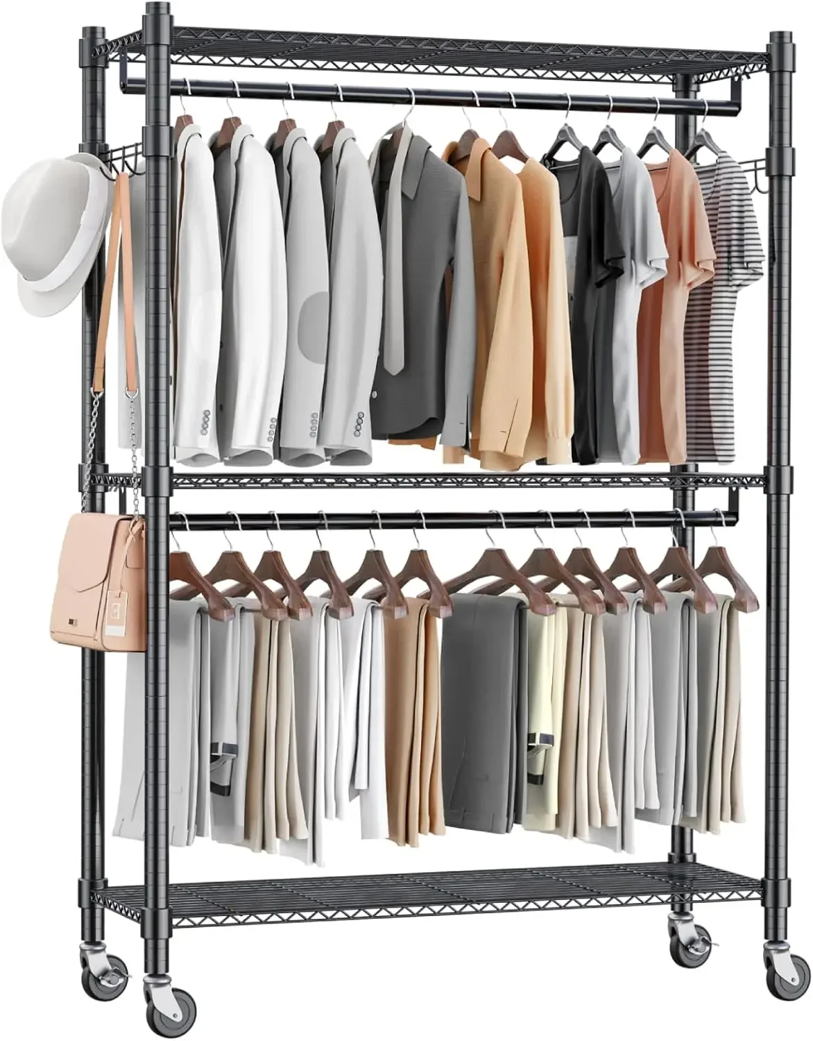 Rolling Garment Rack with Double Rod, Heavy Duty Clothing Rack with Shelves, Portable Clothes Rack, Free Standing Wardrobe Rack,