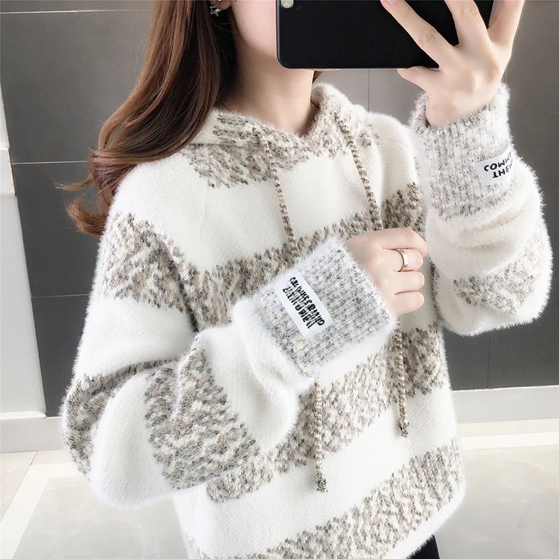 

Thickened Sweater Women's New Striped Loose Lazy Fashion Outwear Hooded Chenille Mink Sweater Bottoming Knit Sweater Tops