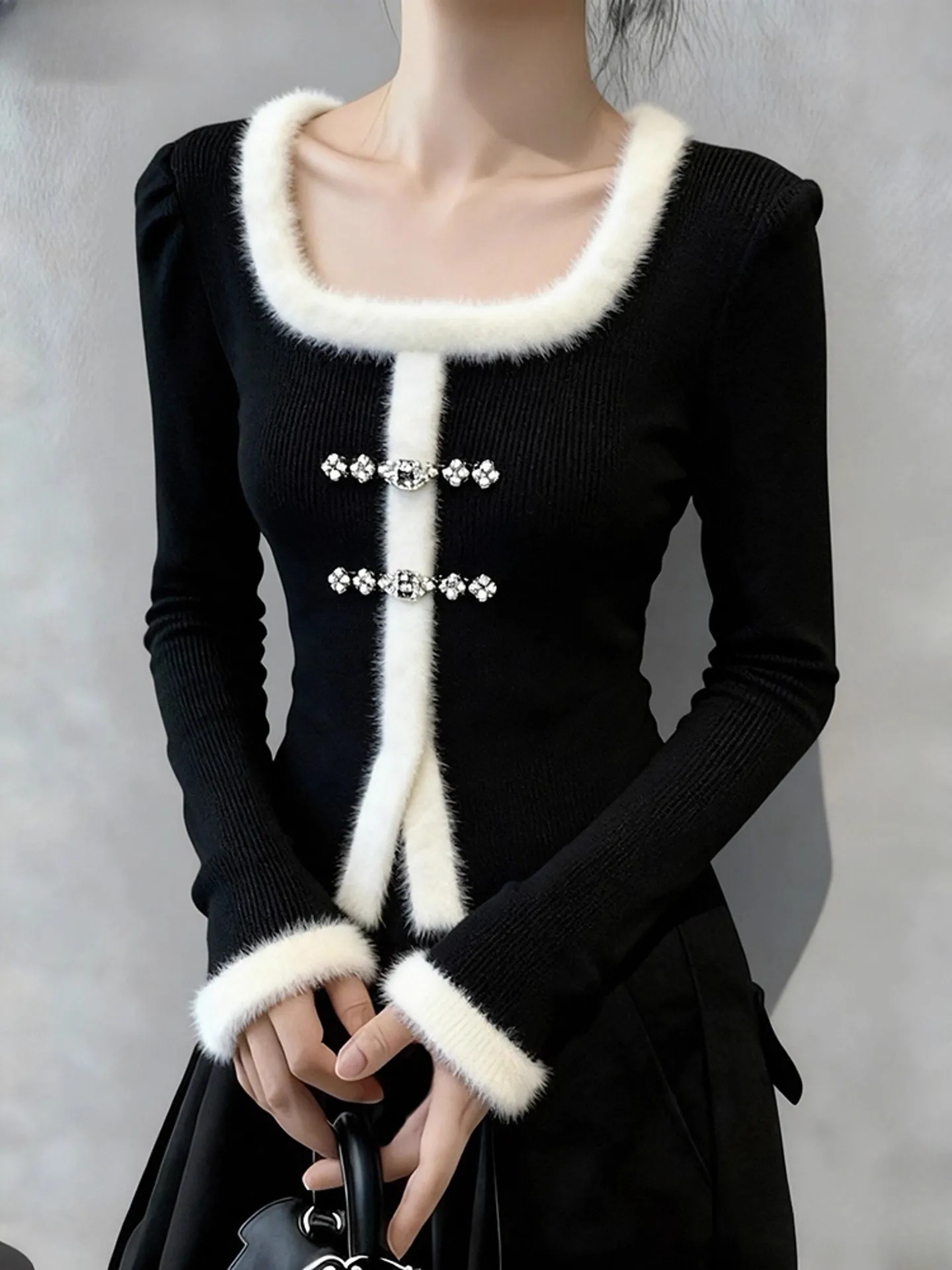 

Autumn Winter Knitted Long Sve Square Collar Furry Splicing Slim Fit Base irt Women's Inner Design Sense Color Contrast Top