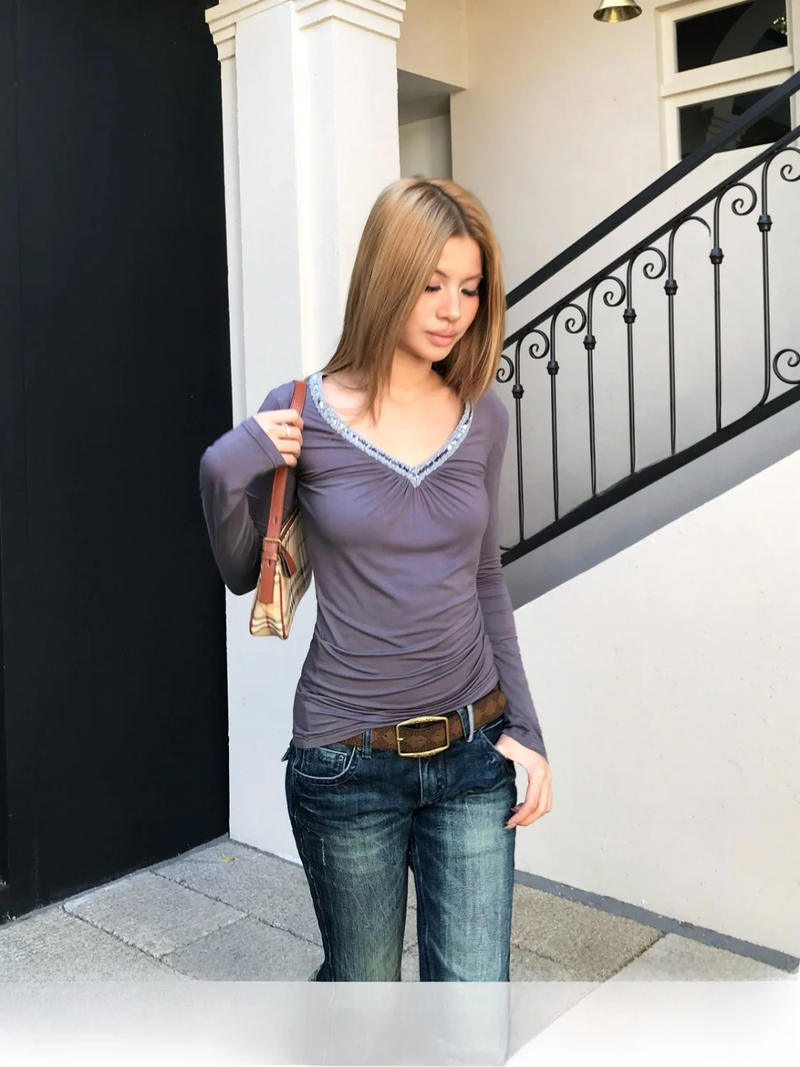 

Audwyn Vintage Street Sle V-Ne Long Sve футболка женская осень-зима утягивающий дизайн iny верхняя одежда топ