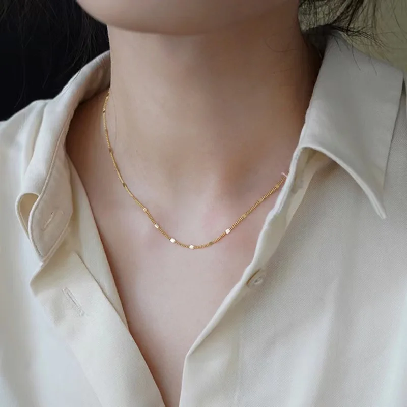 

High-End Luxury Gold 925 Sterling Silver Glitter Sequin Necklace Link Chain with Zircon Stone Simple Niche Design for Women