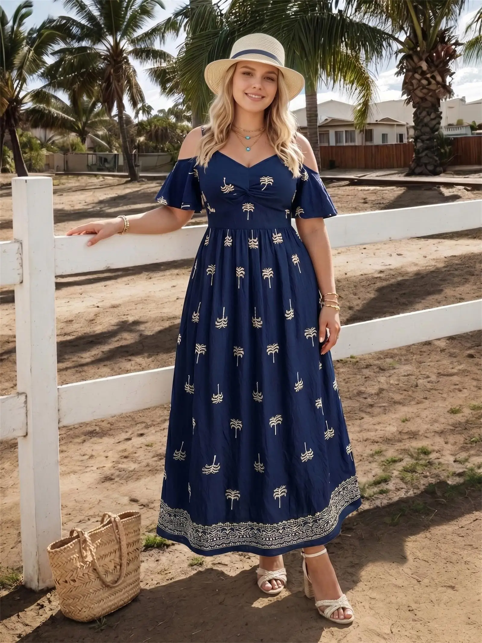 

Plus Size Cold Shoulder Dress Deep Blue Women Coconut Tree Floral Pattern Embroidery Twist Casual Midi Dress Vestidos
