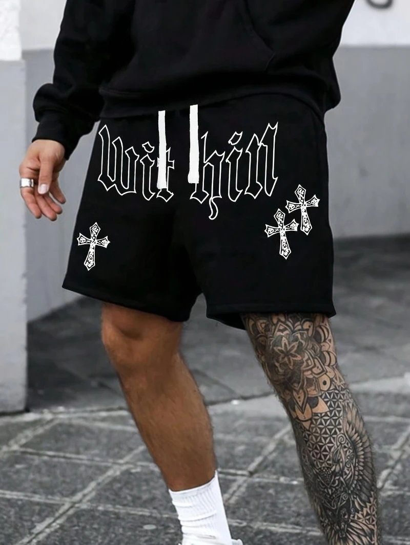 

Мужские повседневные шорты с принтом и регулируемым поясом на шнурке, с надписью - легкие, без эластана