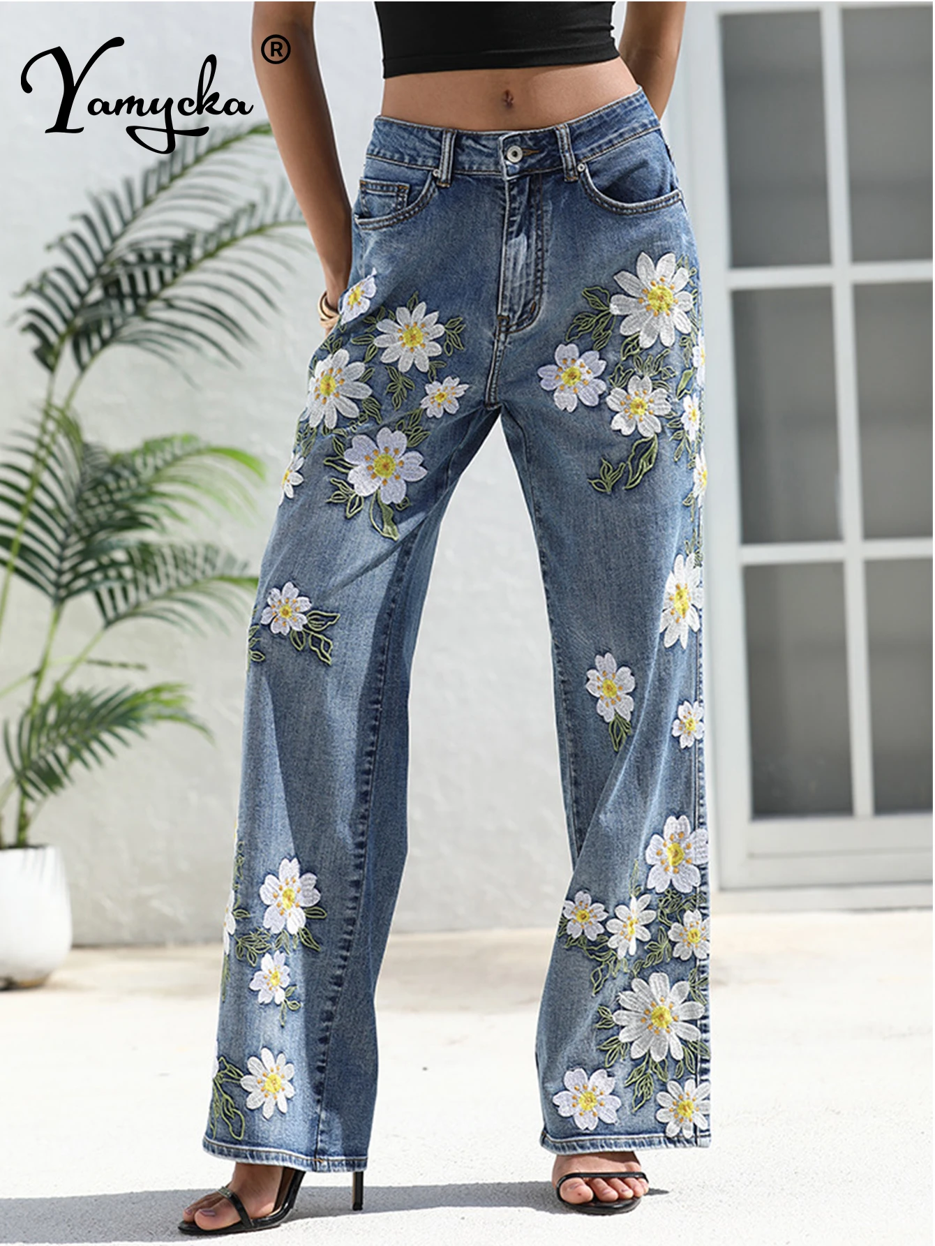 

Sexy blue floral embroidery denim pants women baggy wide leg jeans pants trousers woman clothing fashion casual pants streetwear