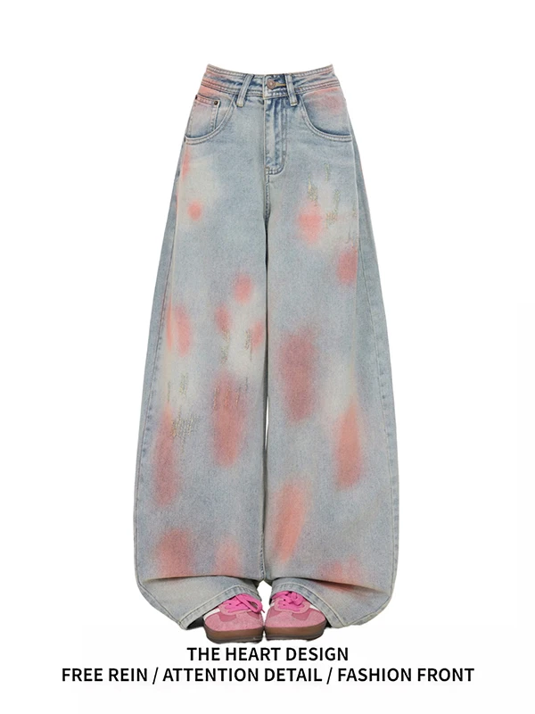 

Dopne Pink Tie Dye Jeans Women's Spring New Loose Slim Straight Leg Wide Leg Pants Knife Jeans Casual Cotton Blend