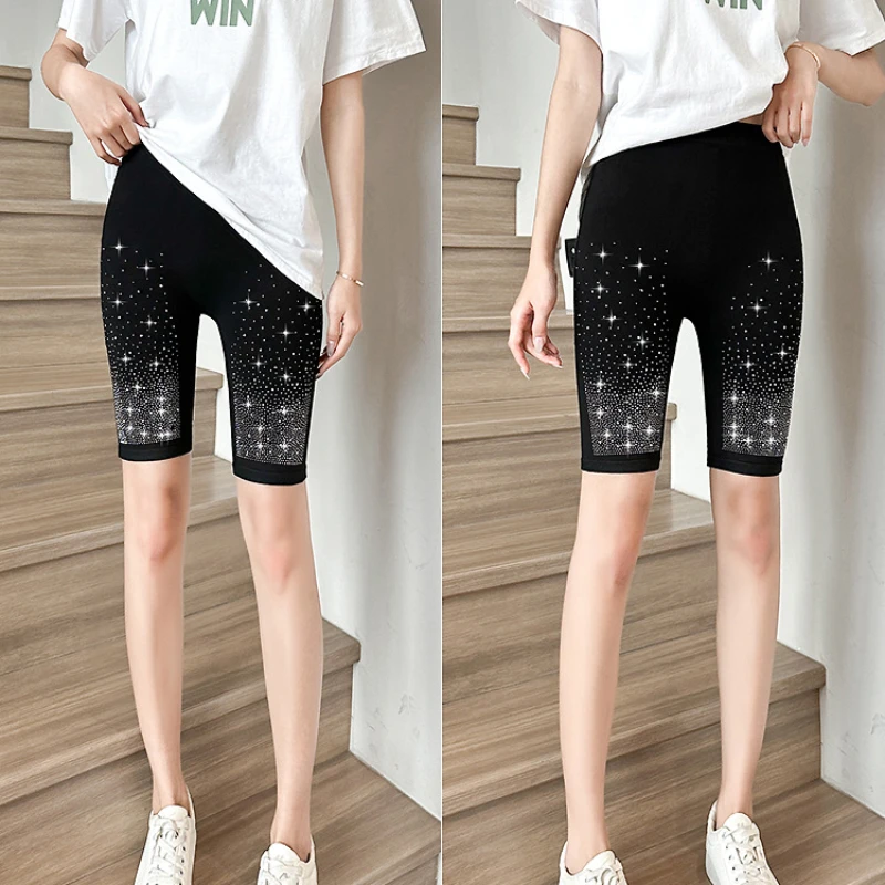 Black Stretch Rhinestone Skinny Shorts Women Leggings Stars Letter Hot Drilling Knee-length Elastic Short Pant Slim Yoga Legging