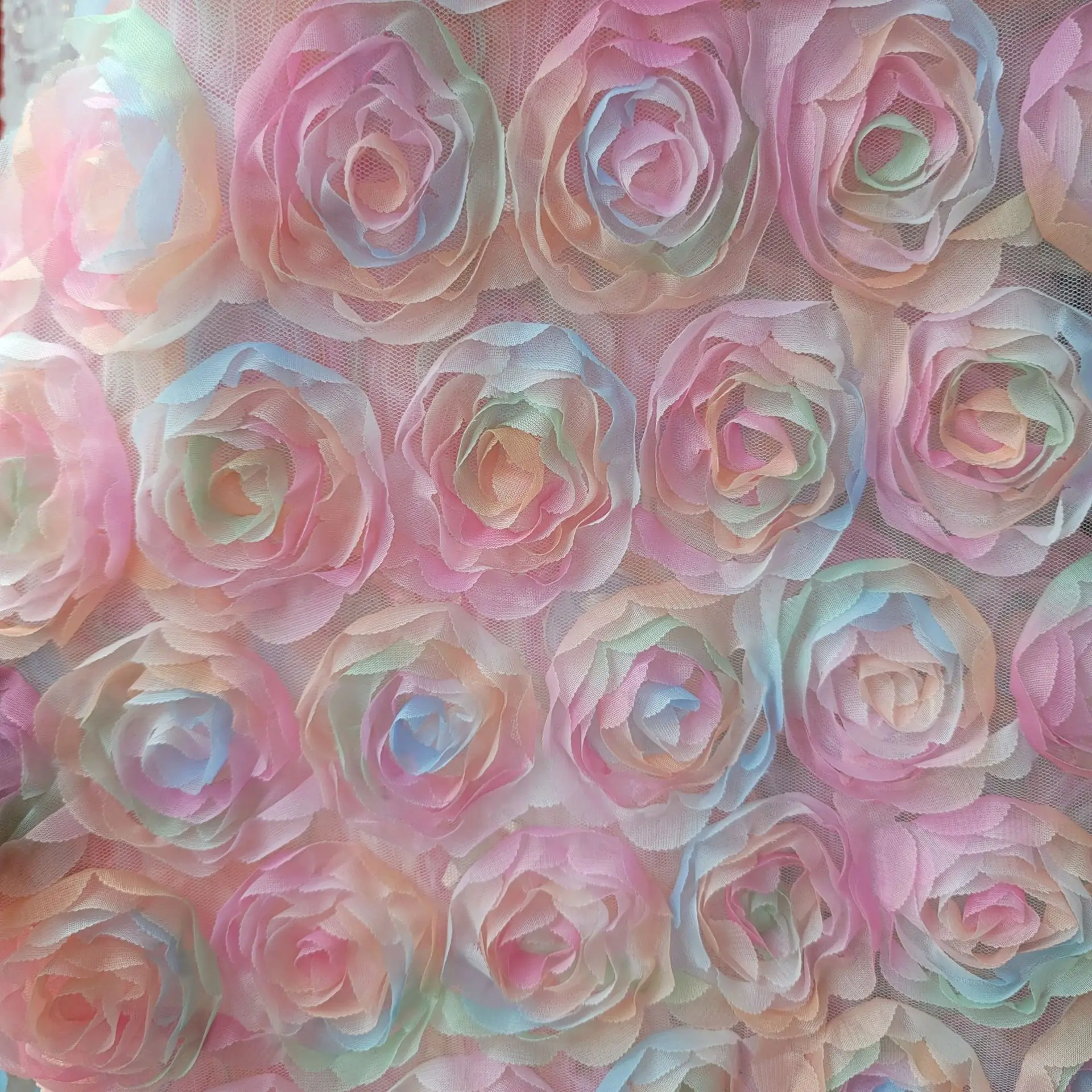 

1 Yard Yellow/Green Gradient 3D Rose Embroidered Mesh Fabric – 1.5m Wide for Wedding & Stage Costumes, Elegant Vintage Style