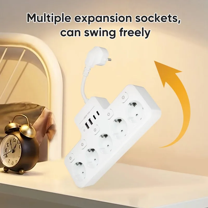 EU Standard Short Cord Multi‑Function Power Strip 4 Outlets USB Type‑C Socket Smart Home Multi Position Charging Accessory