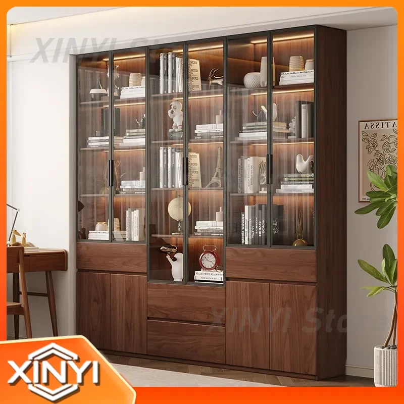 Medieval Solid Wood Bookcase with Aluminum Alloy Frame Glass Door for Living Room Study Storage Cabinet Wall Display Cabinet