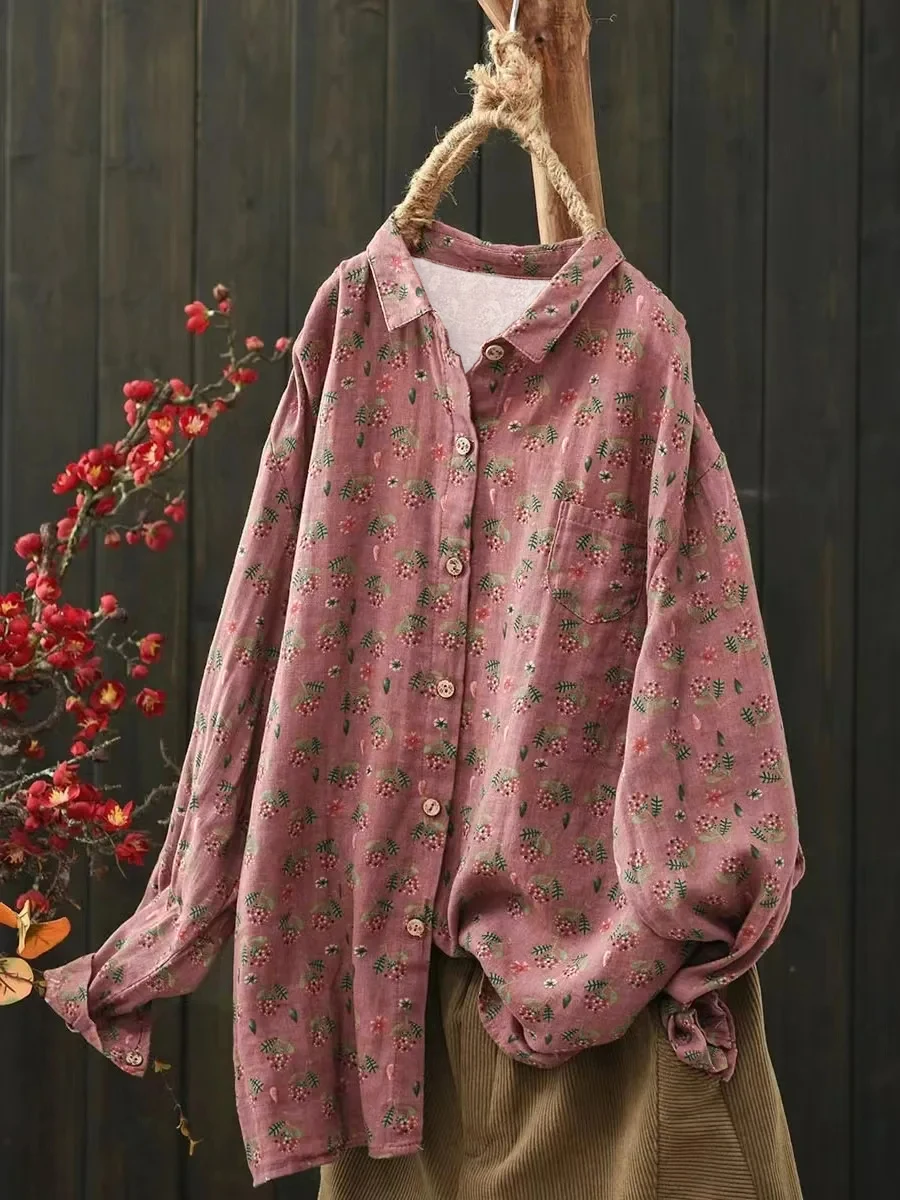 Neue Damen Vintage Blumenmuster Hemden Lässige Lose Langarm Blusen mit Knöpfen Frühling Herbst Elegante Oberteile Blusas Mujer – Detail 1