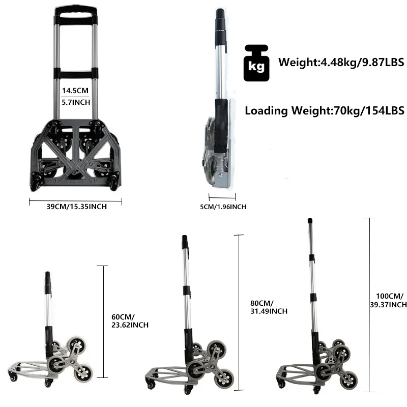 Folding Family Climbing Stairs Shopping Cart in Supermarkets Moving Delivery Black Foldable Aluminum Alloy Three-Wheel Trolley