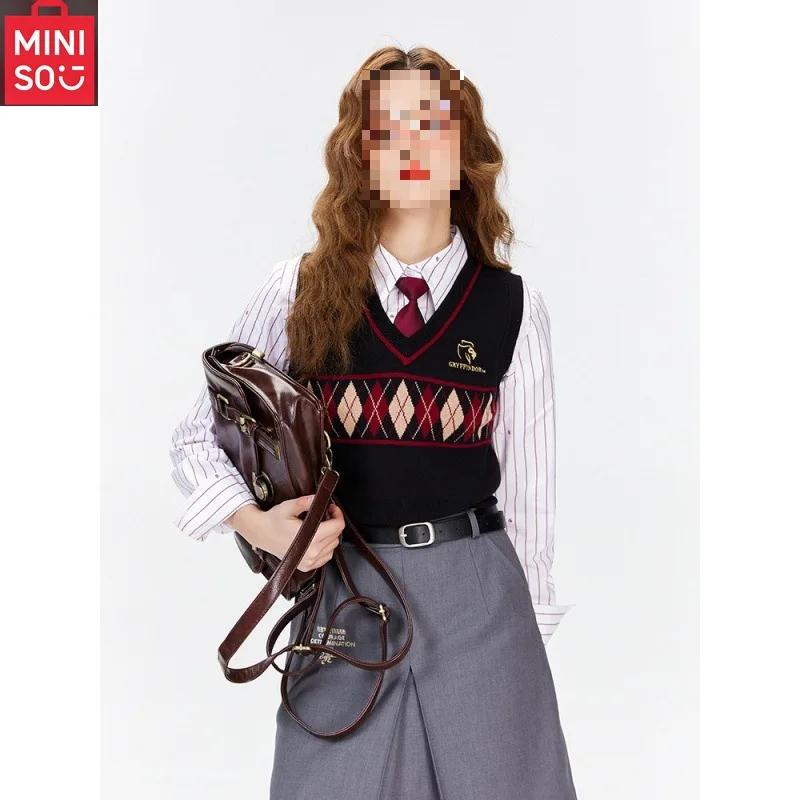 Chaleco de punto estilo Academia MINISO Retro rejilla de diamantes Jacquard exterior JK uniforme ajustado camiseta sin mangas apilada