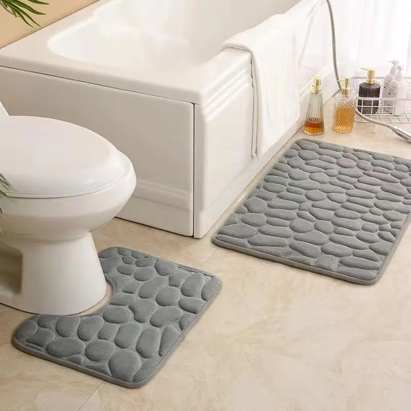 1/2Pcs Grey Bathroom Rug Set Non Slip Absorbent Soft Pebble Design For Toilet Shower Floor Home Daily Use Mat Kit