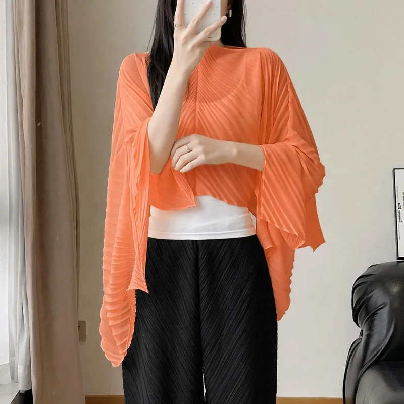Pleated Shawl Summer New Loose Casual Sunscreen Top Scarf Women's Versatile Fashion Lightweight Transparent Cover-up
