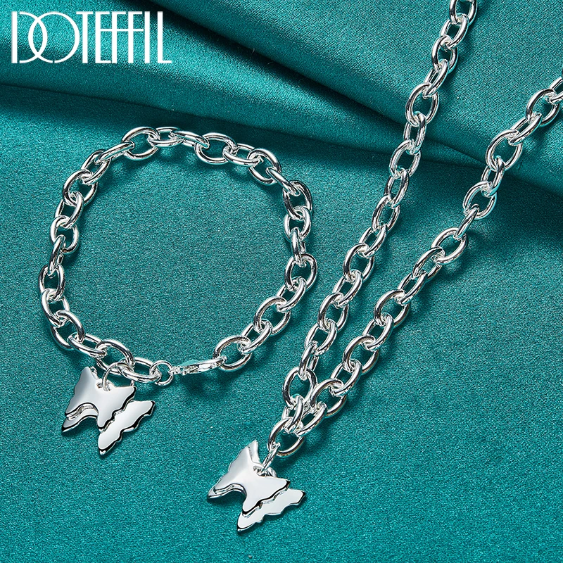 

DOTEFFIL 2pcs 925 Sterling Silver Two Butterfly Necklace Bracelet Set For Women Man Wedding Engagement Party Jewelry