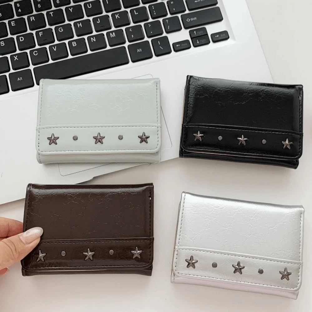 Y2K PU Star Rivet Trifold Wallet Compact Size Ultra Thin Card Holder Solid Color Multiple Slots Cash Wallet Commute