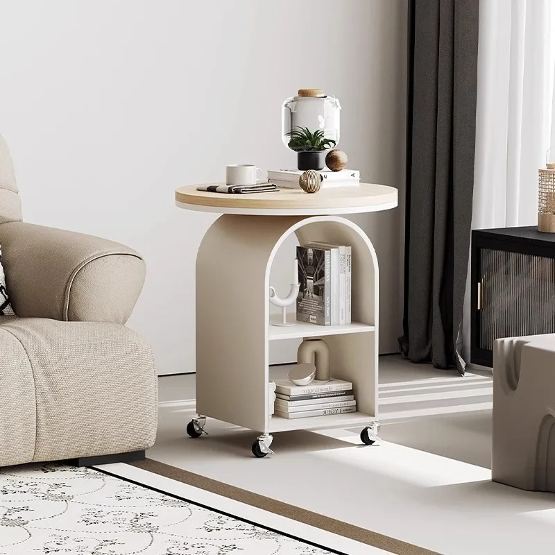 

Solid wood removable round sofa side few small apartment living room small coffee table cream wind bedroom bedside table with wh