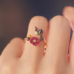 Enamel Red Flower Leaf Open Adjustable Rings for Women Elegant Fine Jewelry Accessories Gifts
