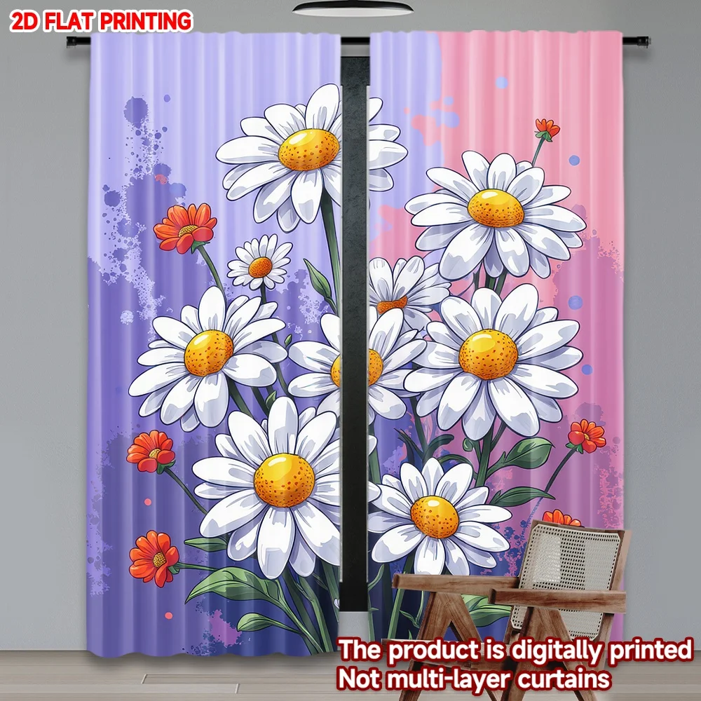 

2D flat printing 2pcs Scene Curtains Spring Daisy Bouquet Digital Printed Polyester Drapes Festive Holiday for Drapes for