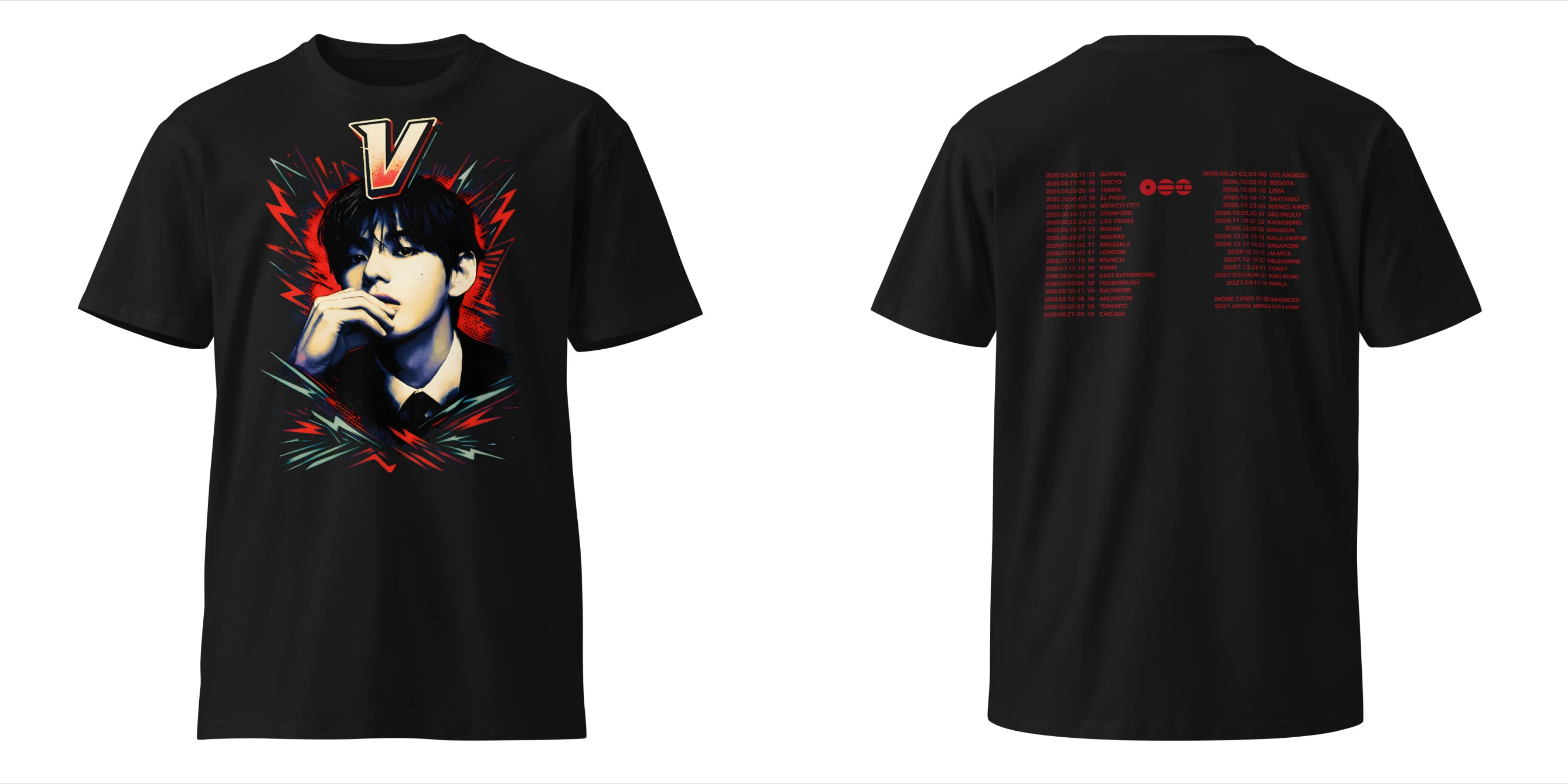 BTS V Kim Taehyung 2026 World Tour Doppelseitiges Grafik-T-Shirt mit Porträt und Tour-Städtenliste Kpop-Fans T-Shirt für Männer, Frauen und Kinder – Detail 10