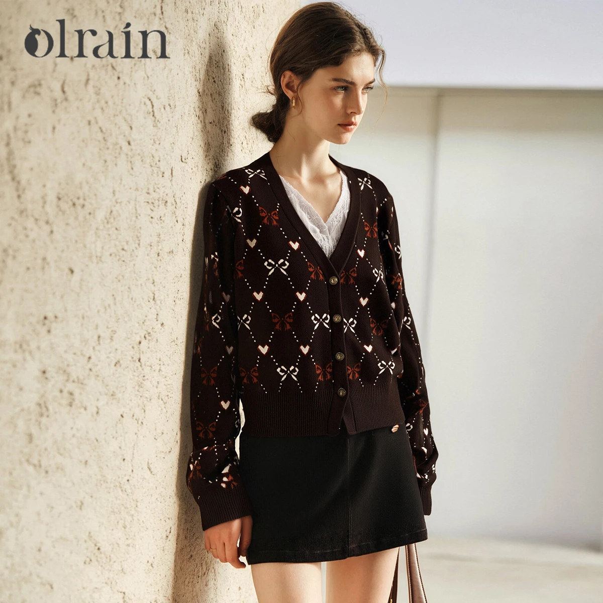 

OLrain женский жаккардовый кардиган Argyle, осень 2022, новый вязаный свитер с v-образным вырезом и открытой передней частью, элегантный повседневный трикотаж O57QM001229
