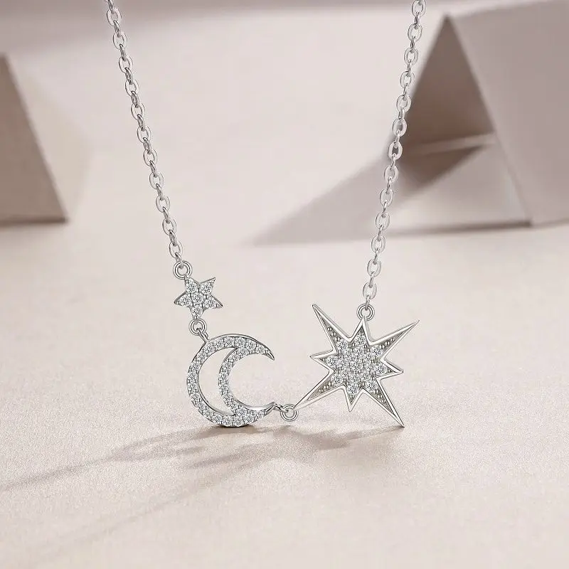 

S925 Rhodium Plated Silver D Color Micro Pave Moissanite Star & Moon Necklace for Women, Exquisite Jewelry