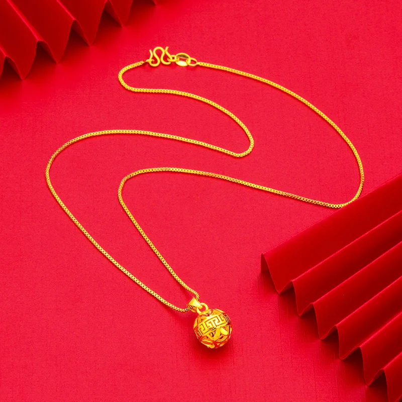 Birthday Commemorative Hollow Ball Bead Pendant With Necklace For Women 24K Gold AU999, Exquisite Heartfelt Women Present