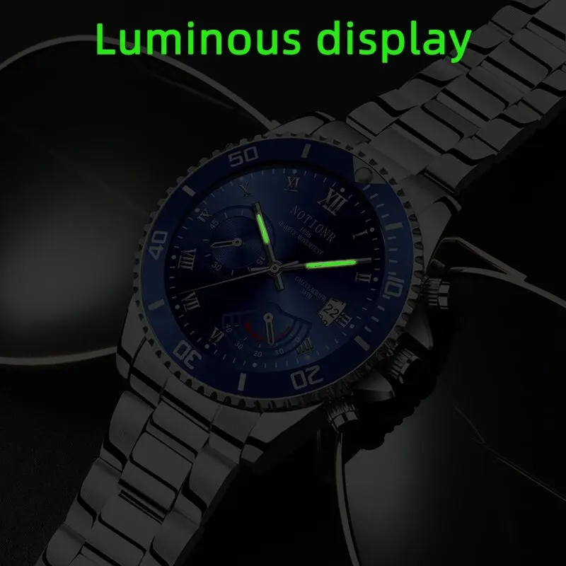 Mens Fashion Watches Luxury Sliver Stainless Steel Quartz Wrist Watch Man Business Casual Watch for Men Calendar Luminous Clock