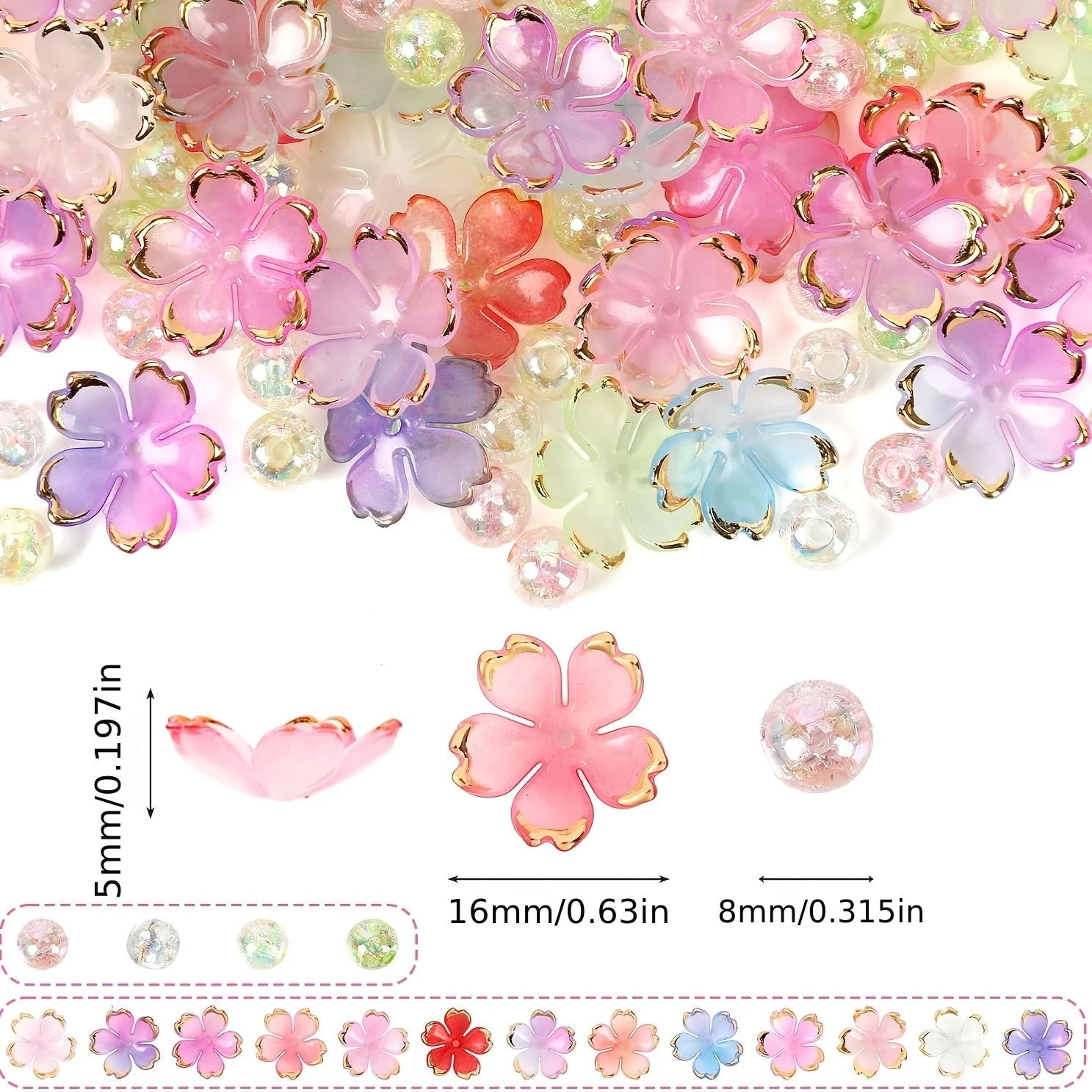 150 Various Types of Bracelet Beads, 100 Cracked Beads, and 50 Gold Foil Acrylic Flower Pendant Necklace Making Supplies