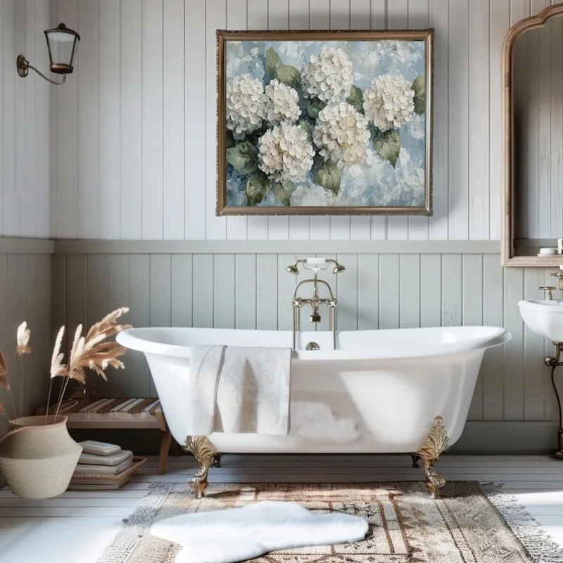 Romantyczny Kwiatowy Plakat z Białymi Hortensjami i Różami, Teksturowany, Botaniczny Obraz na Płótnie, Dekoracja Ścienna, Obrazy do Domu