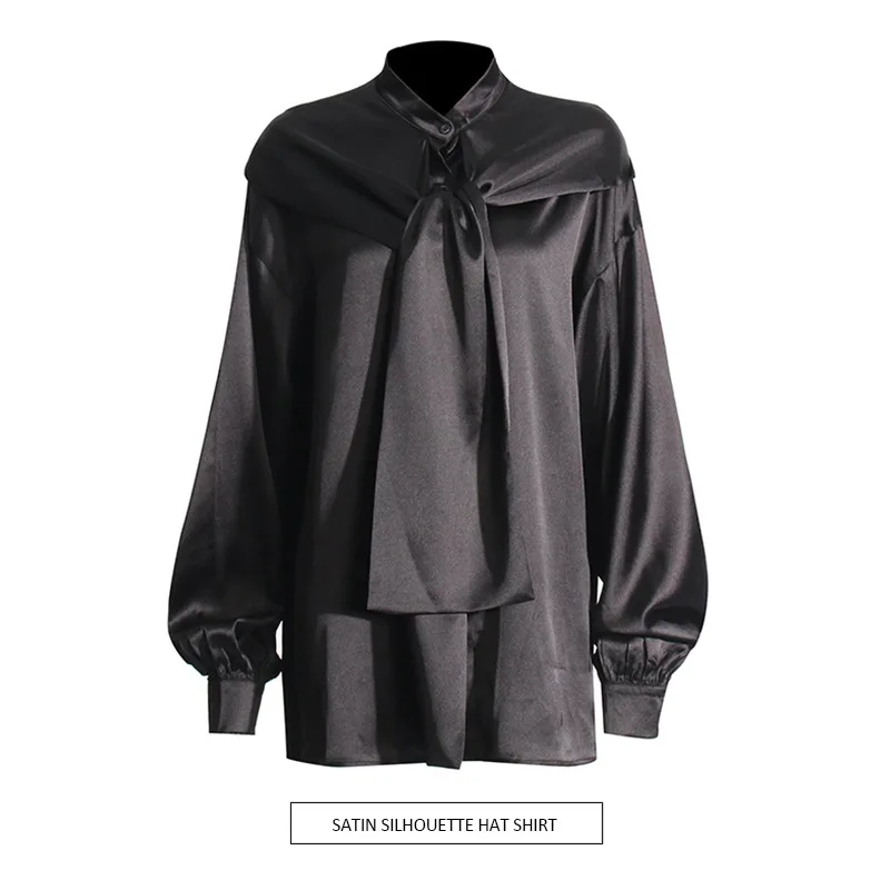 

Женская атласная рубашка Ele Silhouette, весенняя новинка, свободного кроя, однотонная, с длинным рукавом, из ПУ-материала, с поясом и декоративной отделкой.