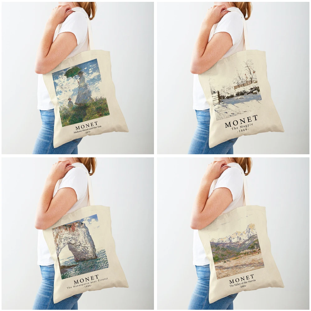 Impressionism Artist Claude Monet Shoulder Shopper Bag Women Shopping Bags Double Print Casual Lady Canvas Tote Handbags