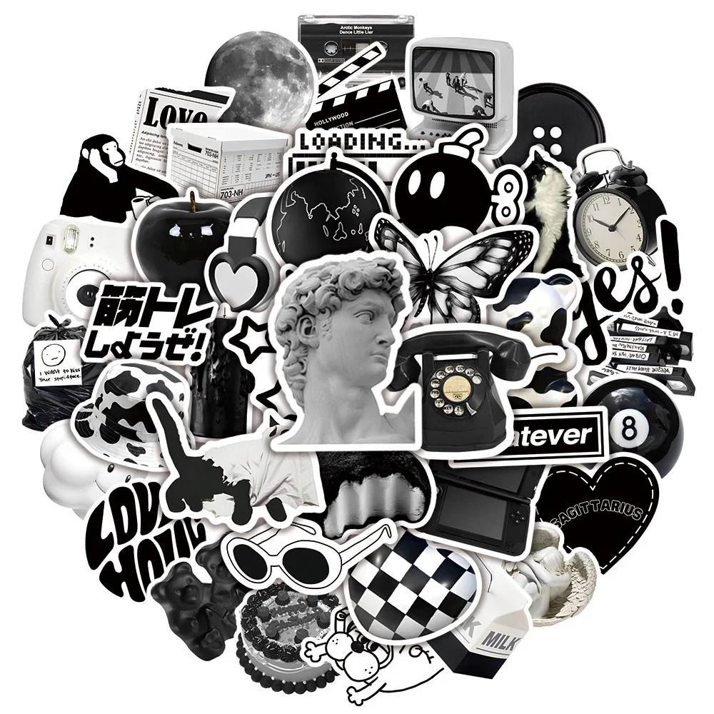 50 Black And White Ins Style Graffiti Waterproof Stickers For Notebook Helmet Decal