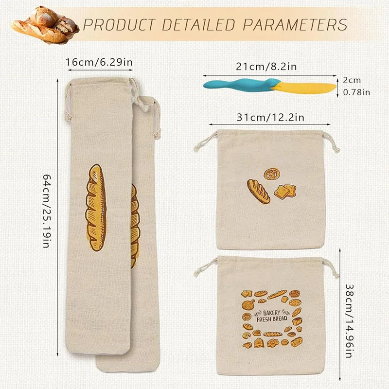 3 Pcs/lot Bakery Fresh Bread Packaging Bag Big Size Reusable Cotton Linen Drawstring Pouch Keeping Kitchen Organizer