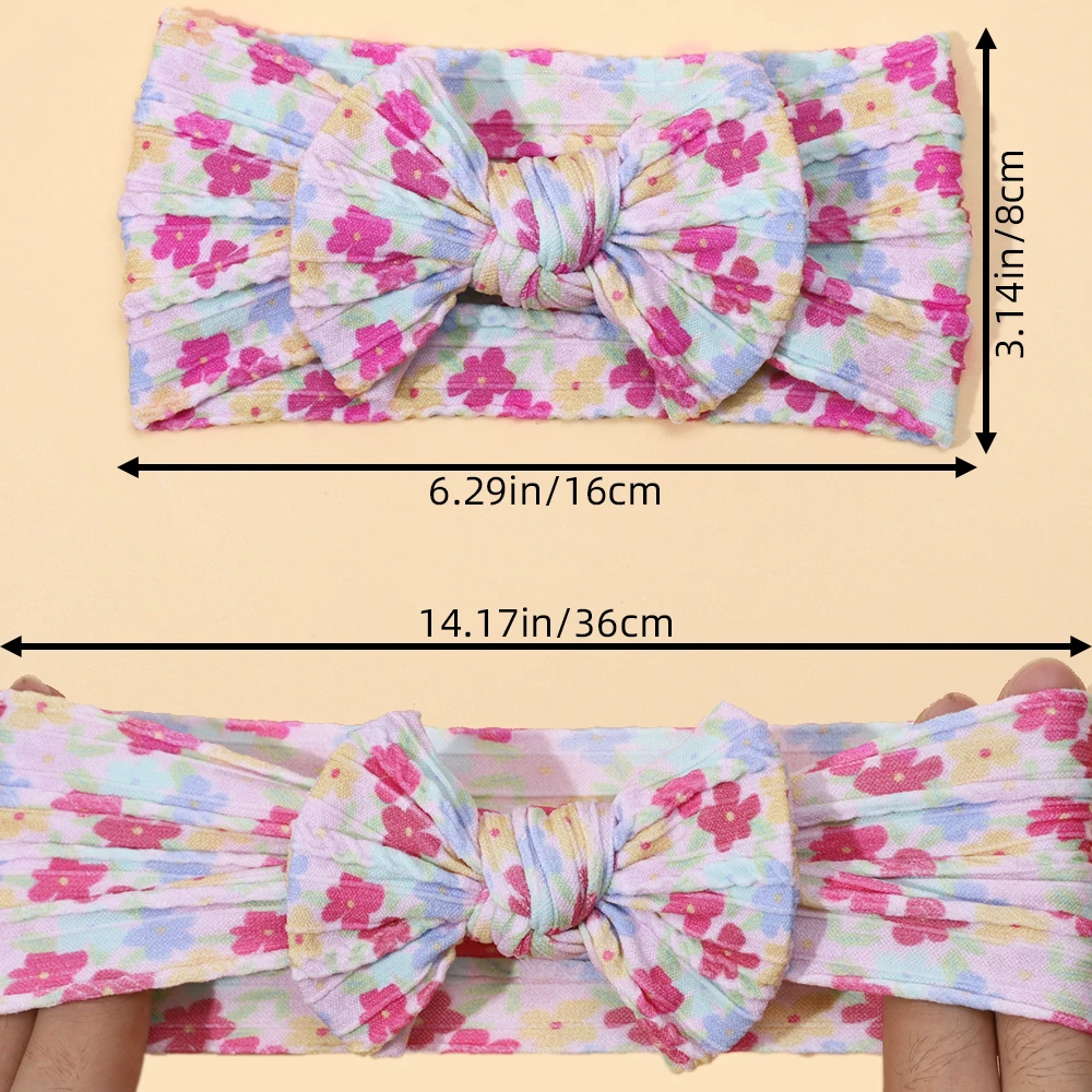 Drop Shipping 2023 New Floral Print Baby Bow Headband, Macaron Color Cable Knit Nylon Turban Headwrap For Girls Hair Accessories