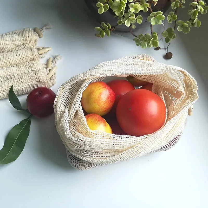 Reusable Cotton Mesh Vegetable Bags, Kitchen Storage Bag, Washable Drawstring Bags, Produce Fruit