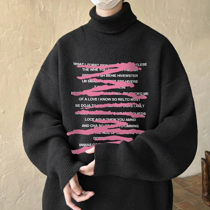 Suéteres masculinos de grandes dimensões outono camisola de malha branca gola alta 5xl carta impressão casual wear para homem pulôveres de malha roupas masculinas