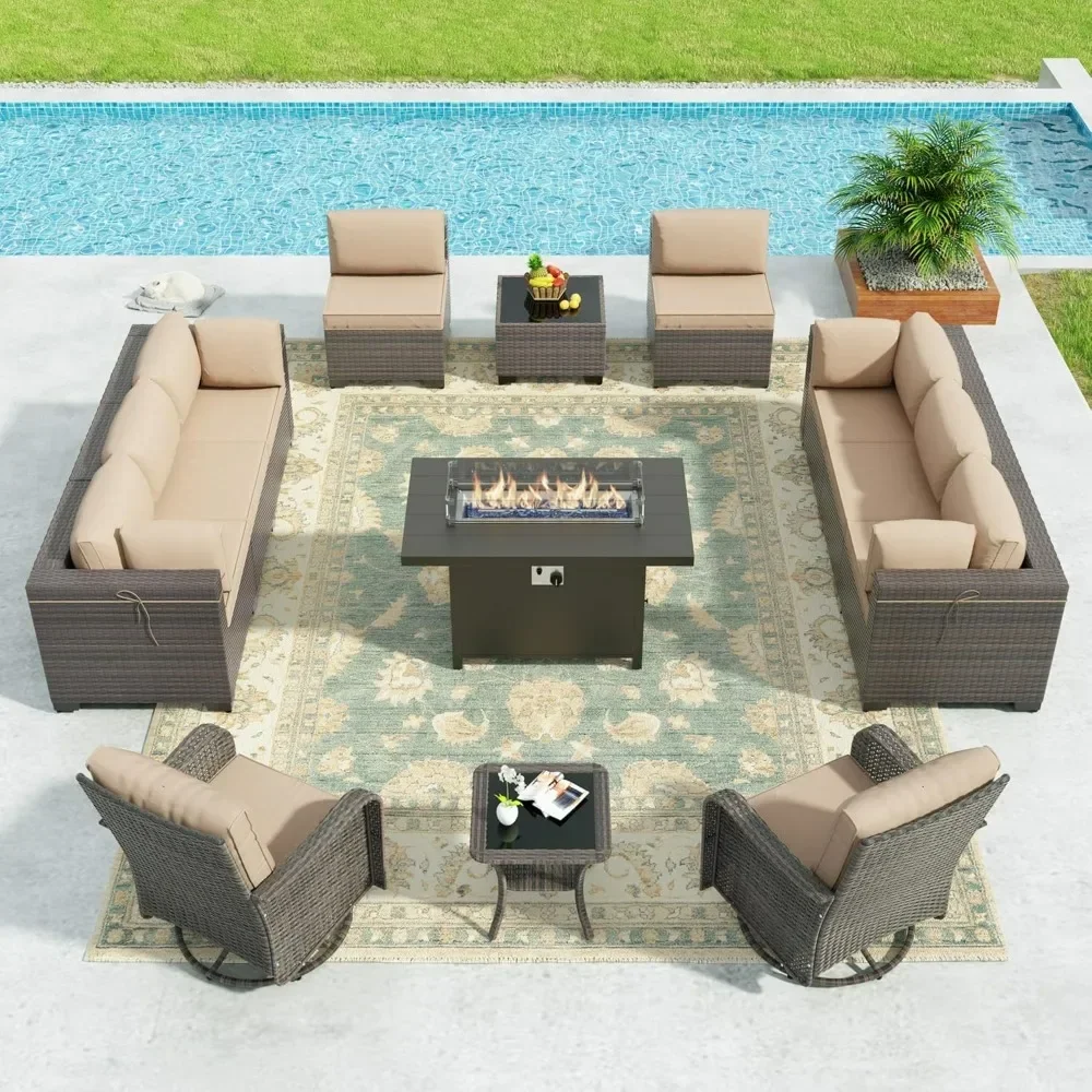 

13 Pieces Outdoor Patio Furniture Set with Gas Propane Fire Pit Table,PE Wicker Rattan Sectional Sofa Patio Conversation Sets