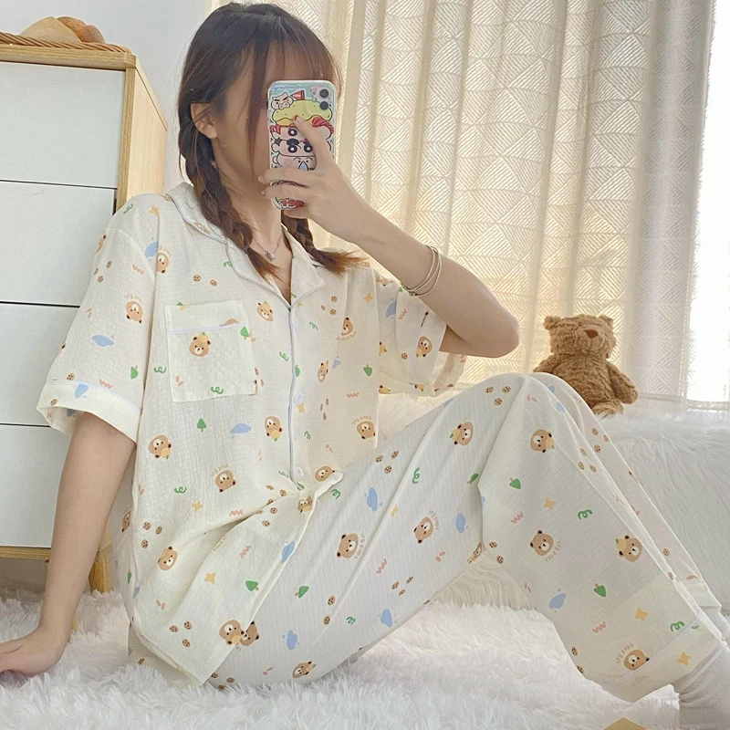 2024 Spring Summer Short Sleeve Long Pants Cotton Print Pajama Sets For Women Korean Cute Sleepwear Pyjama Homewear Home Clothes