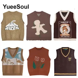 Japan Style Vintage Brown Women Knit Vest V Neck Sleeveless Loose Oversized Sweater Vest 2023 New Autumn Y2K Waistcoat Outerwear