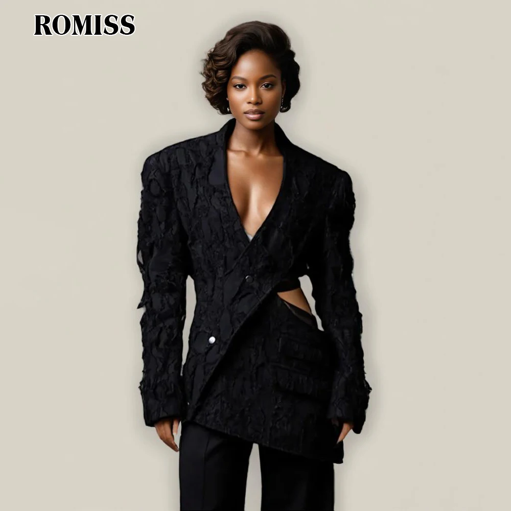 

ROMISS Solid Patchwork Button Hollow Out Blazer For Women V Neck Long Sleeve Designer Irregular Elegant Chic Coats Female