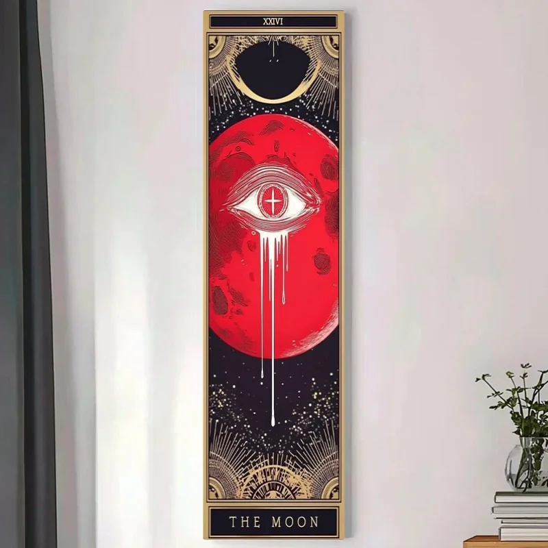 Tapisserie de Tarot La Lune, Lune de Sang, Œil Tout-Prenant, Ciel Étoilé, Bordure Dorée, Décoration Murale Verticale Longue et Étroite, Mystique Occulte
