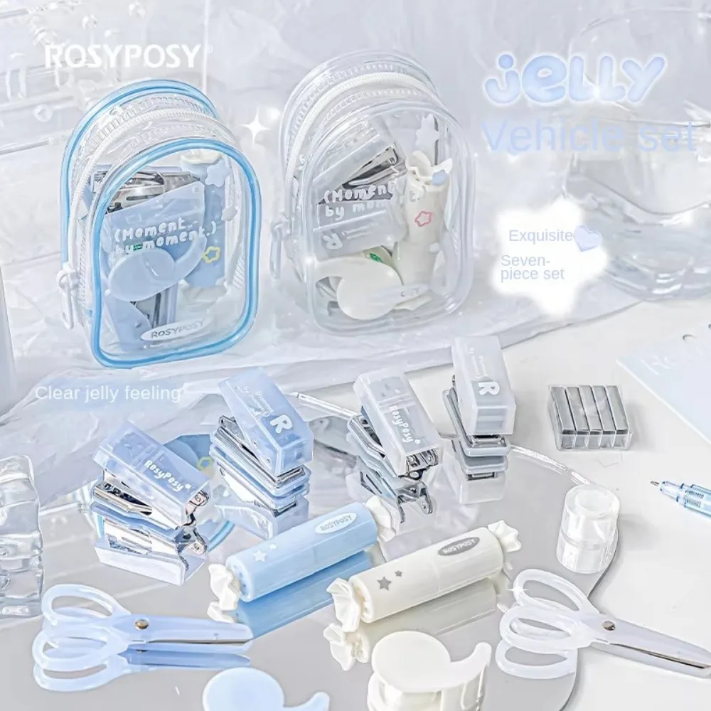 7 teile/satz Neue Mini Effizienz Werkzeug Set Tragbare Locher Hefter Set Highlighter Blind Box Organizer Tasche Gelee Fühlen